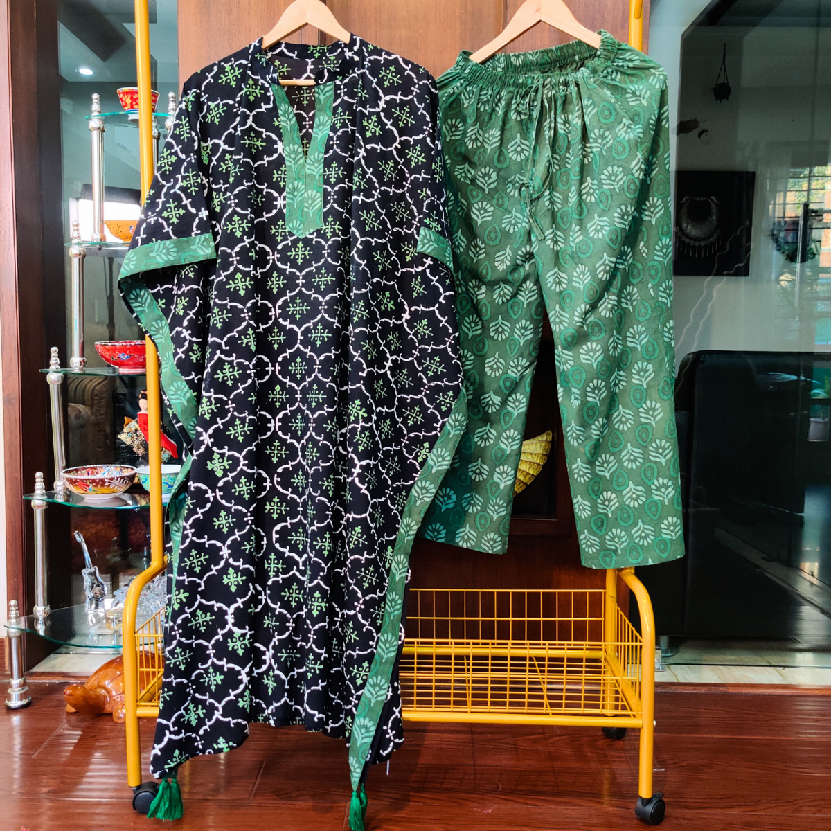 Black and Green Dabu Kurta Kaftan Cotton Stitched Co-Ord Set