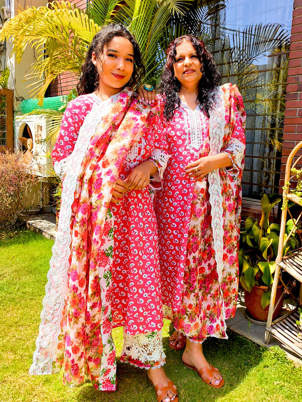 Magenta Cotton White Italian Lace Stitched Suit Set