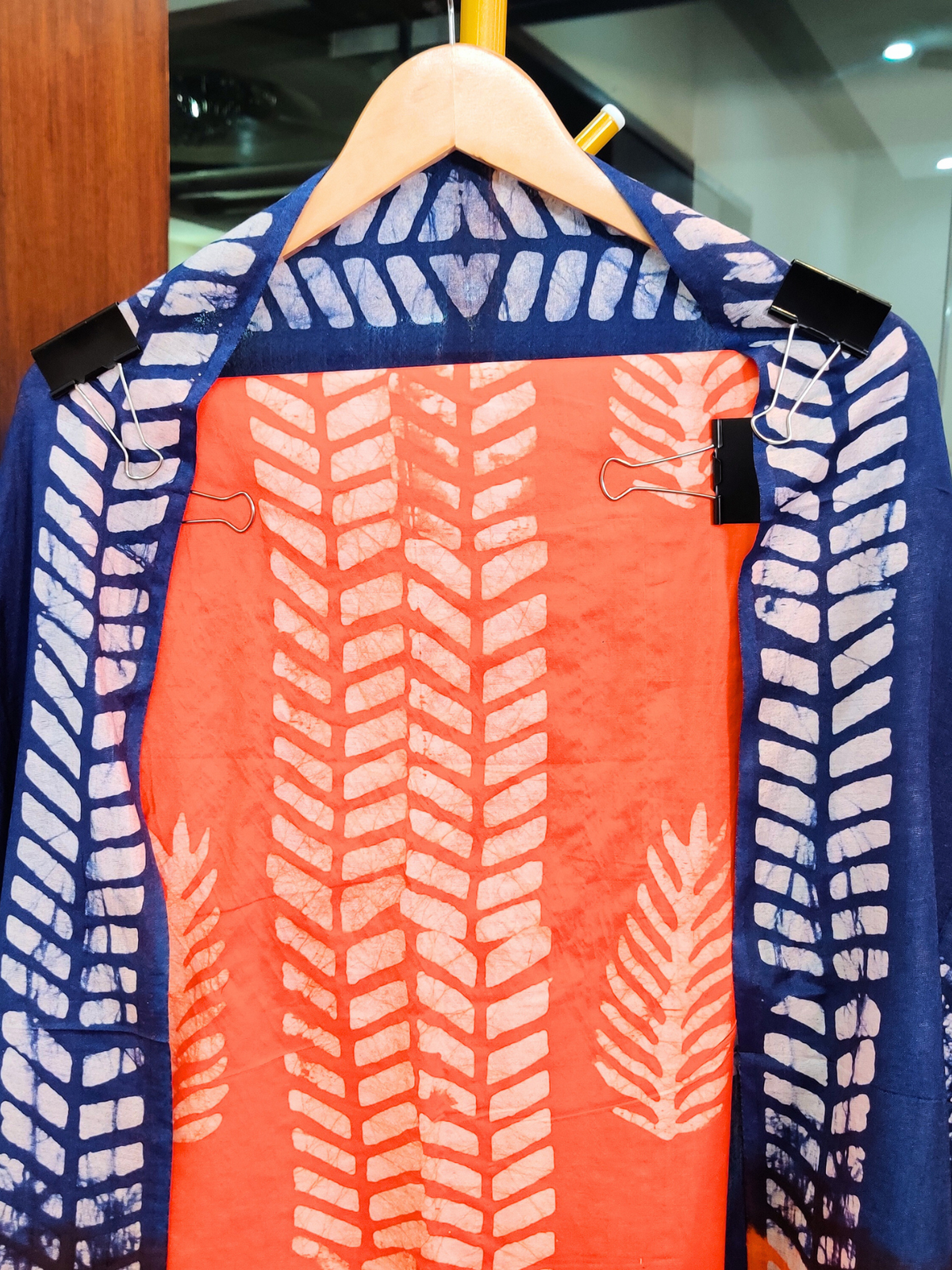 Orange and Blue Batik Cotton Silk Unstitched Dress Material Suit Set