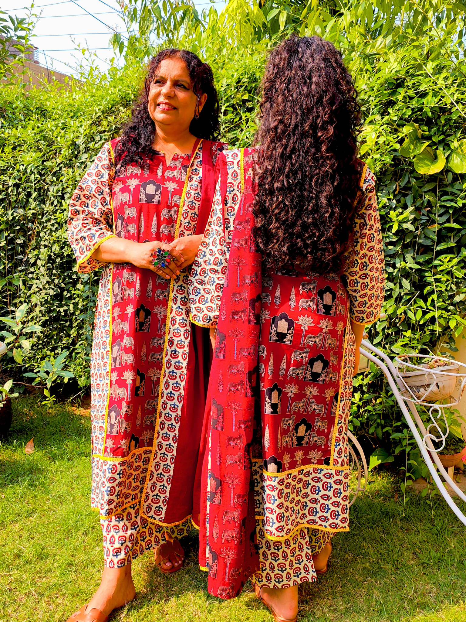 Maroon Ajrakh Yellow Lace Cotton Stitched Suit Set