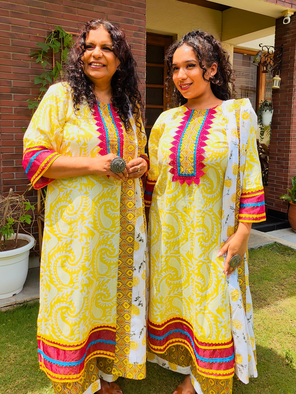 Yellow Handblock Magenta Lace Cotton Stitched Suit Set