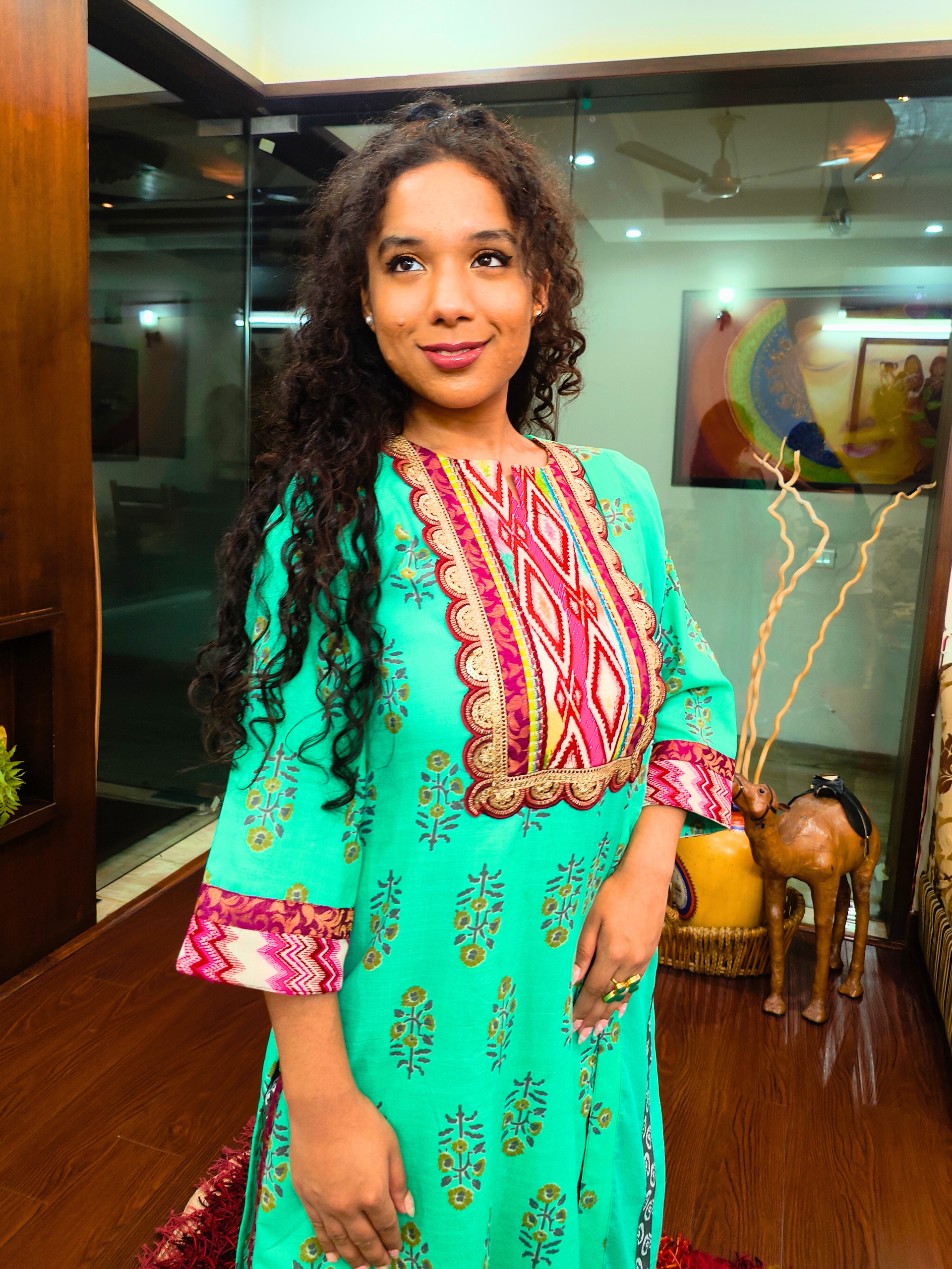 Green Handblock Multi Afghani Embroidered Stitched Suit Set