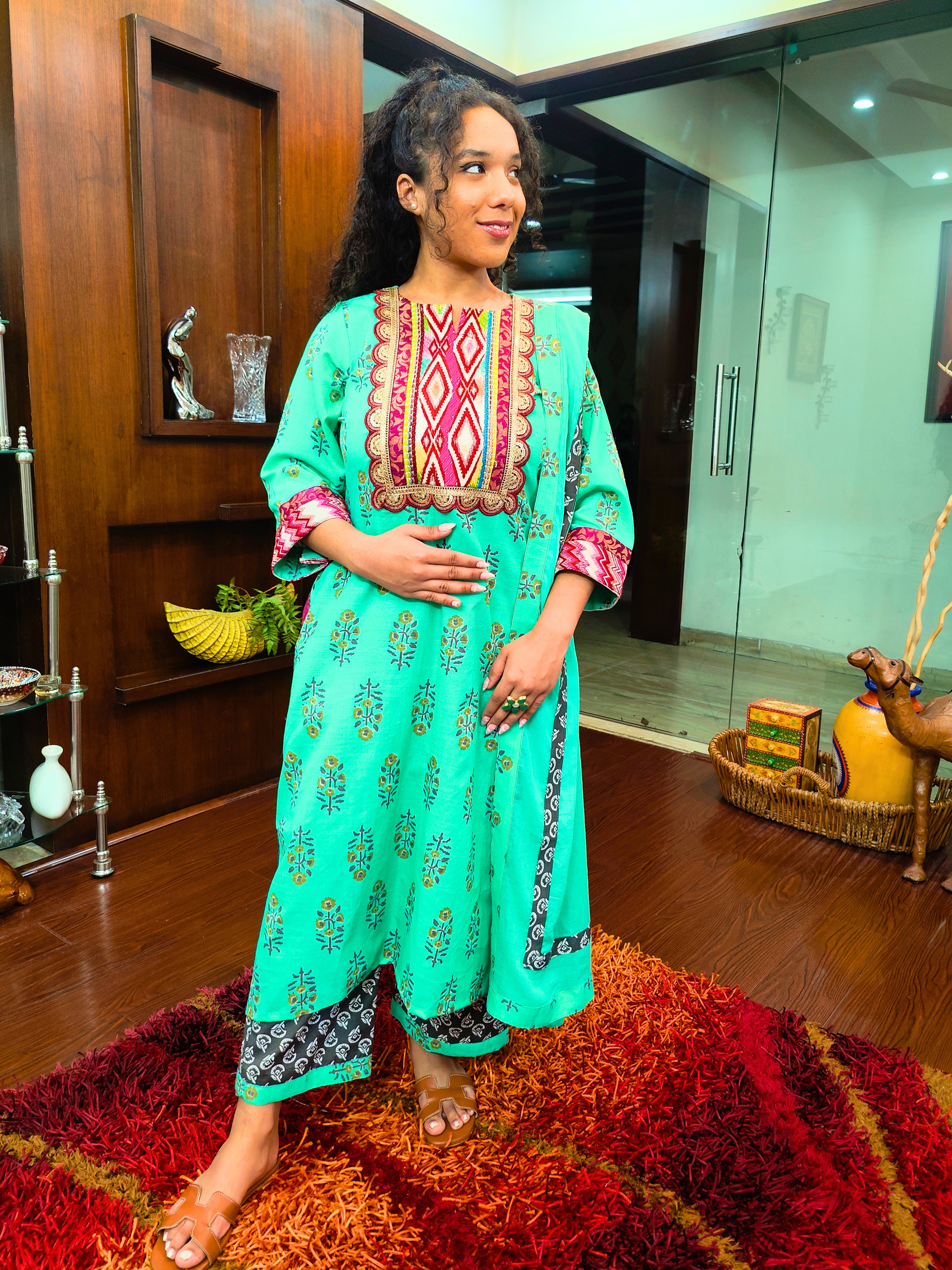 Green Handblock Multi Afghani Embroidered Stitched Suit Set