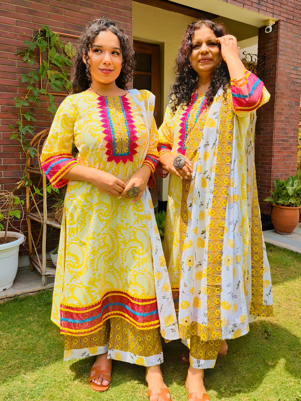 Yellow Handblock Magenta Lace Cotton Stitched Suit Set