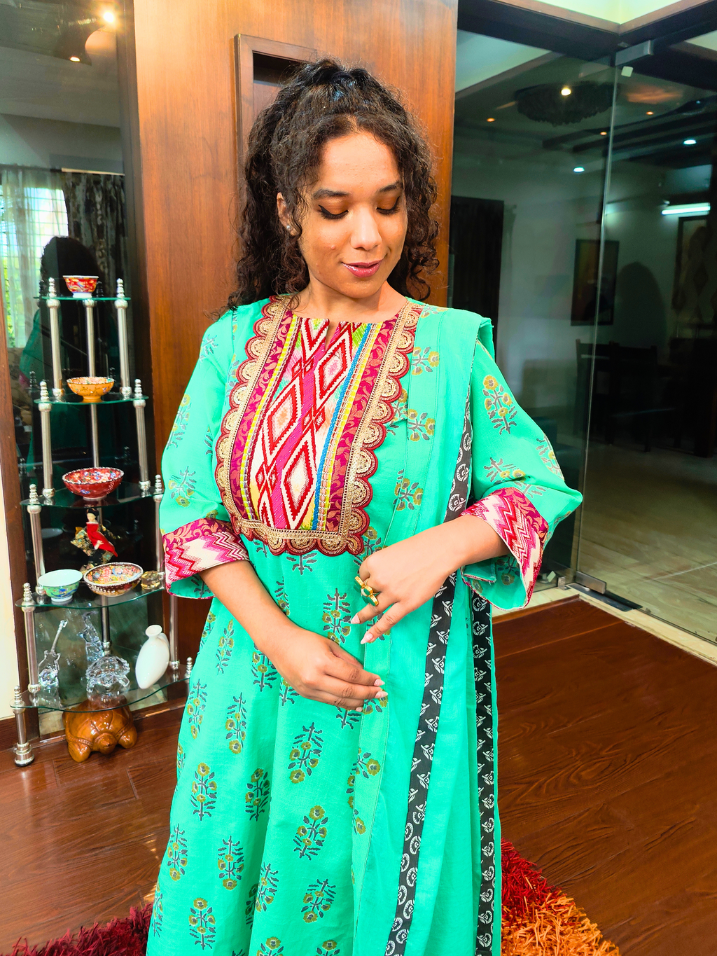 Green Handblock Multi Afghani Embroidered Stitched Suit Set