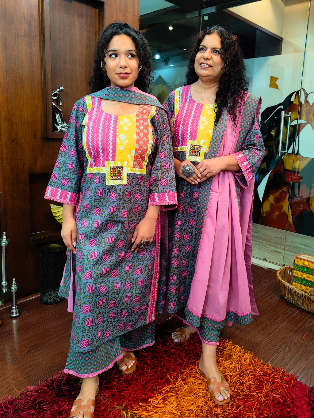 Grey handblock Multi Embroidered Cotton Stitched Suit Set