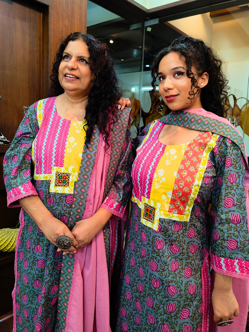 Grey handblock Multi Embroidered Cotton Stitched Suit Set