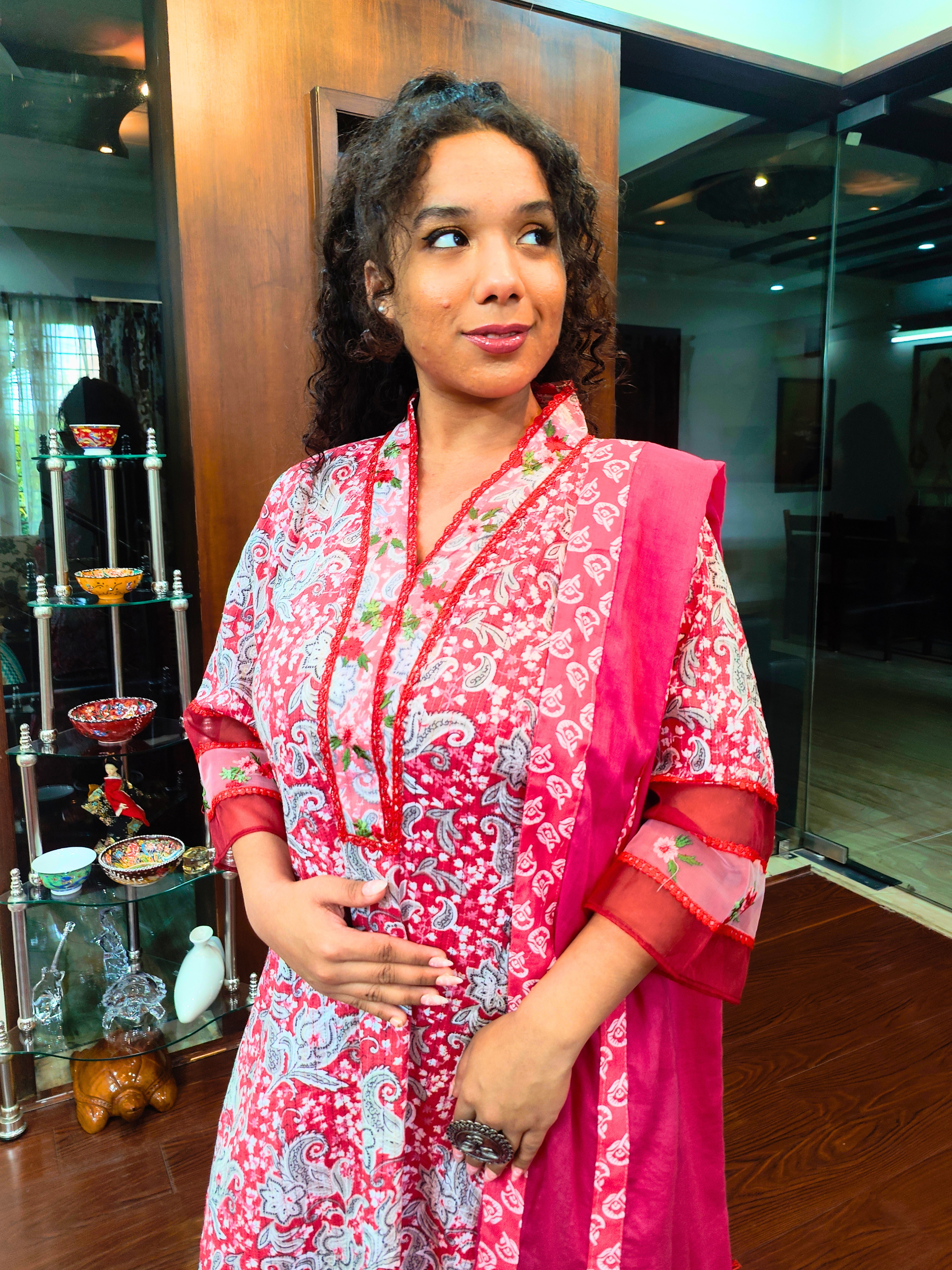 Pink Digital Printed Floral Embroidered Lace Stitched Suit Set