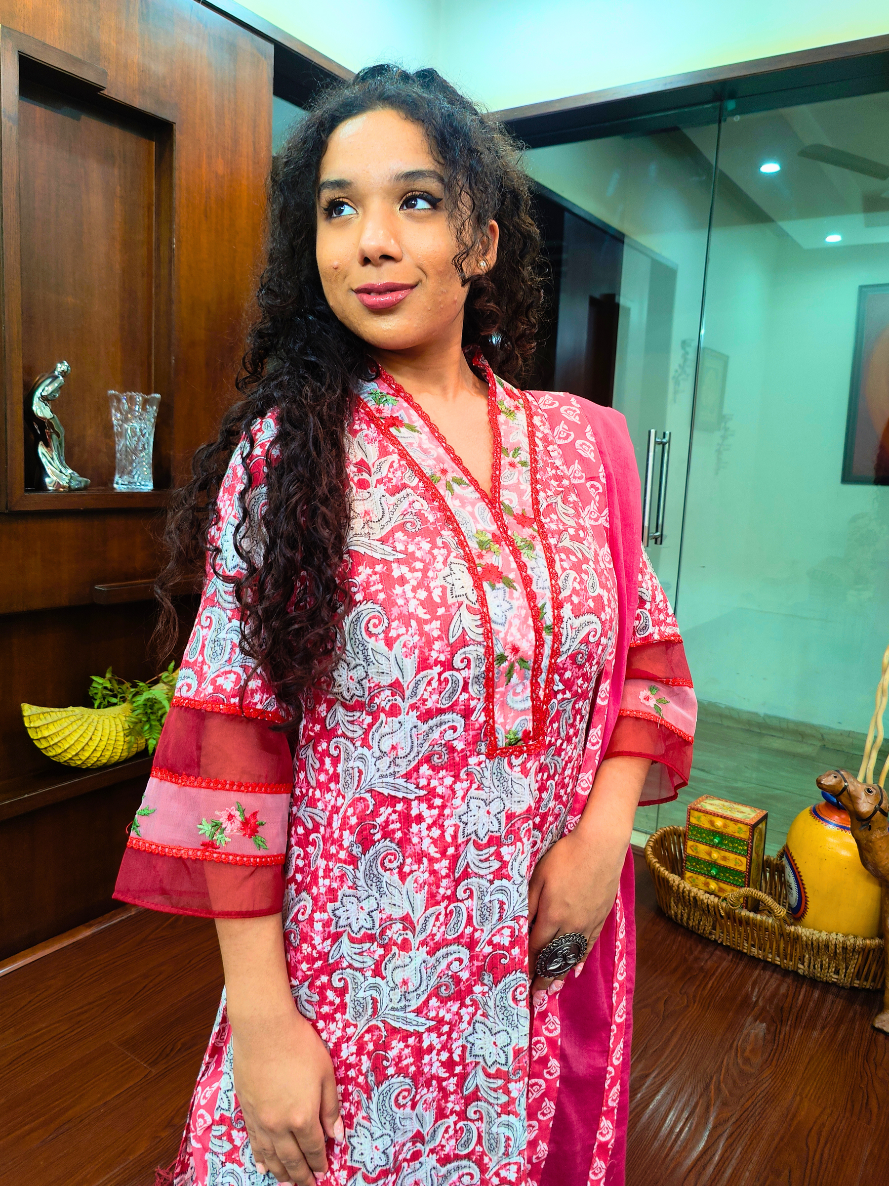 Pink Digital Printed Floral Embroidered Lace Stitched Suit Set