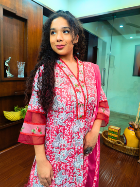 Pink Digital Printed Floral Embroidered Lace Stitched Suit Set