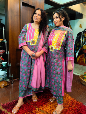 Grey handblock Multi Embroidered Cotton Stitched Suit Set