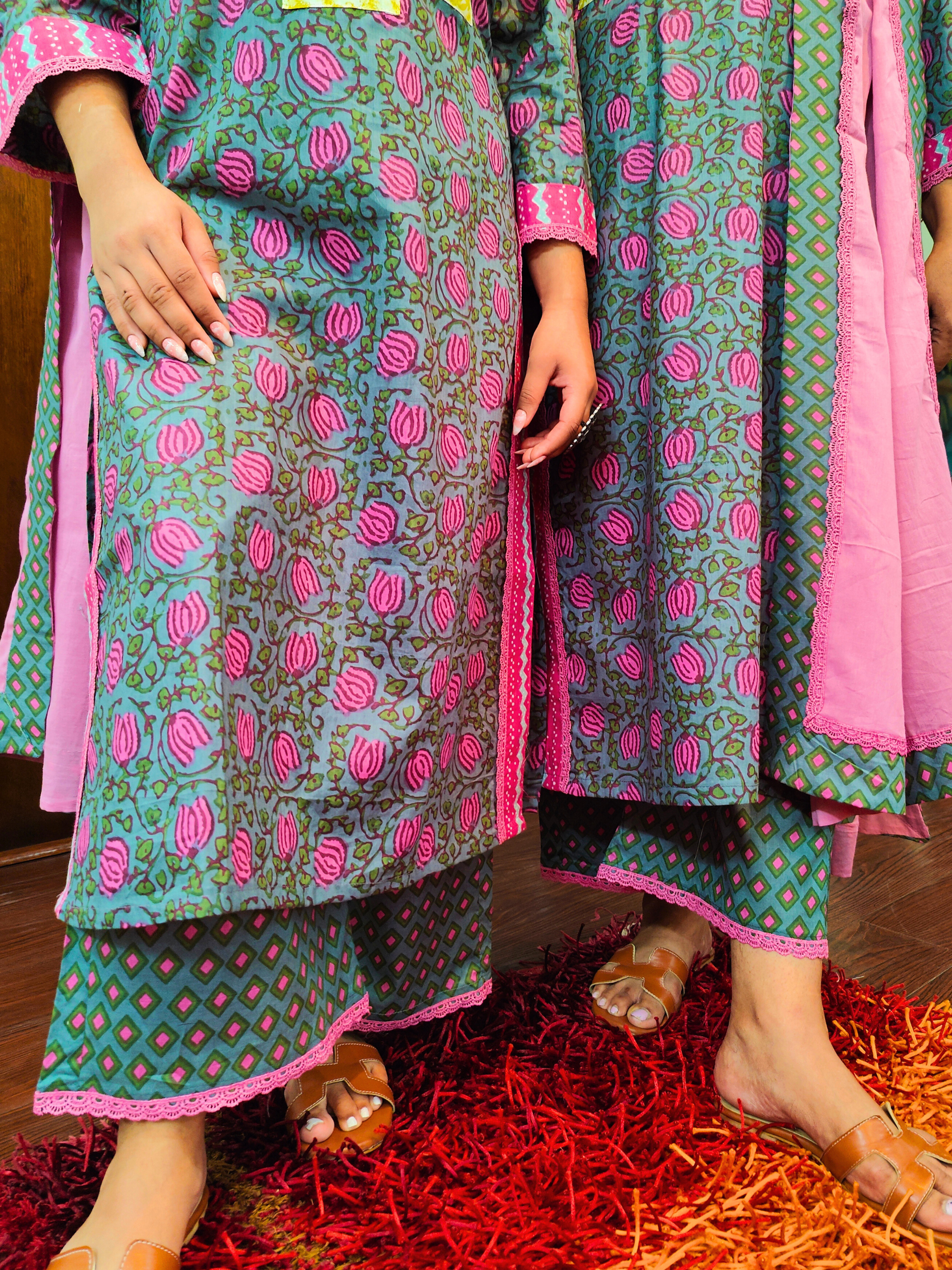 Grey handblock Multi Embroidered Cotton Stitched Suit Set