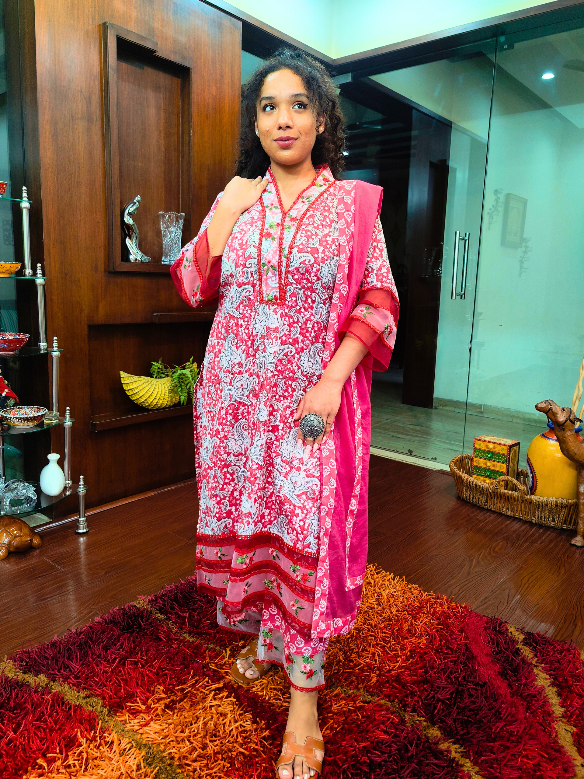 Pink Digital Printed Floral Embroidered Lace Stitched Suit Set