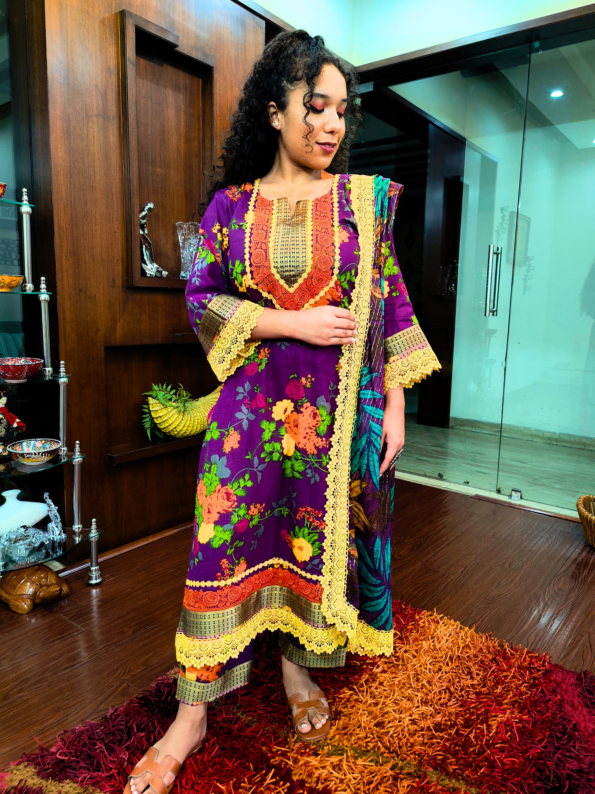 Purple Digital Printed Yellow Lace Cotton Stitched Suit Set