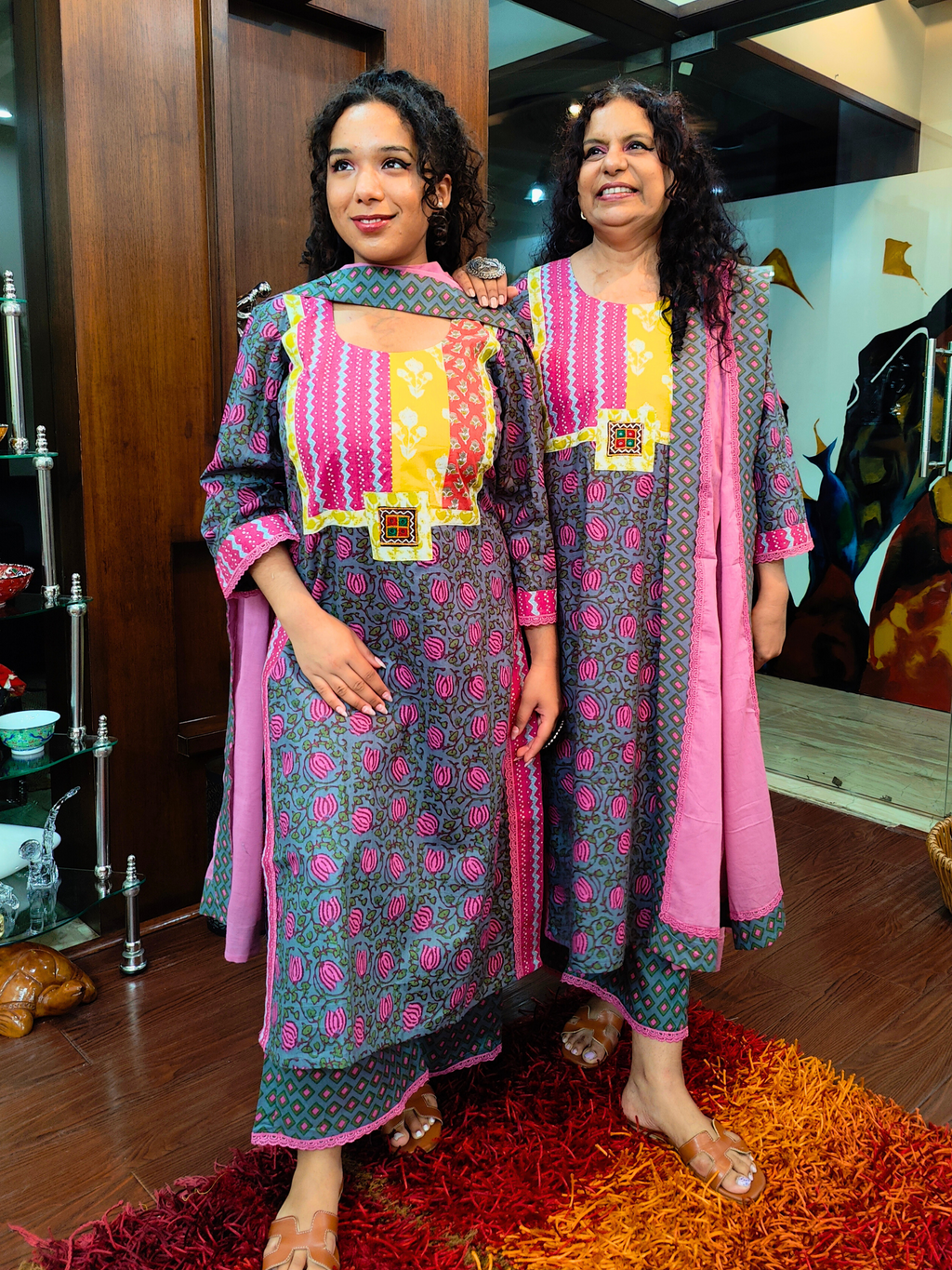 Grey handblock Multi Embroidered Cotton Stitched Suit Set