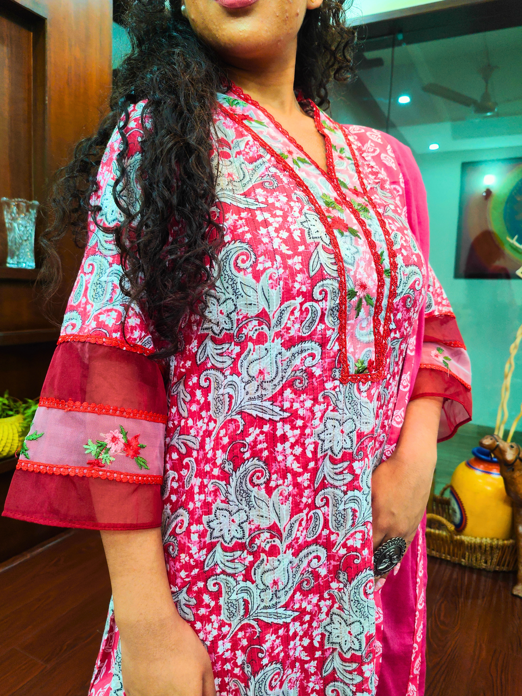 Pink Digital Printed Floral Embroidered Lace Stitched Suit Set