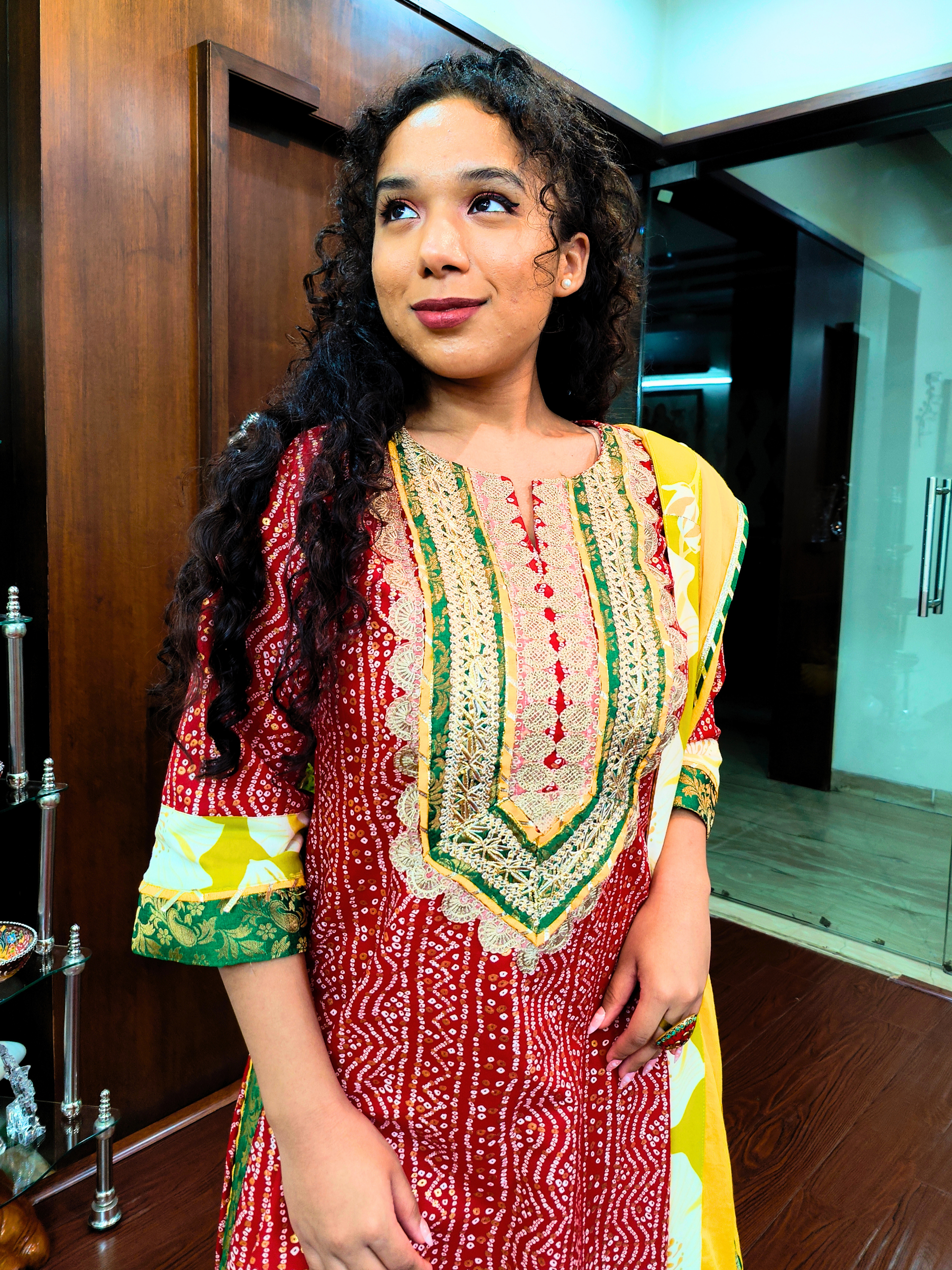 Red Bandhej Silver Gota Cotton Stitched Suit Set