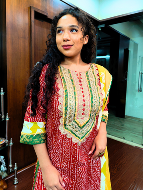 Red Bandhej Silver Gota Cotton Stitched Suit Set
