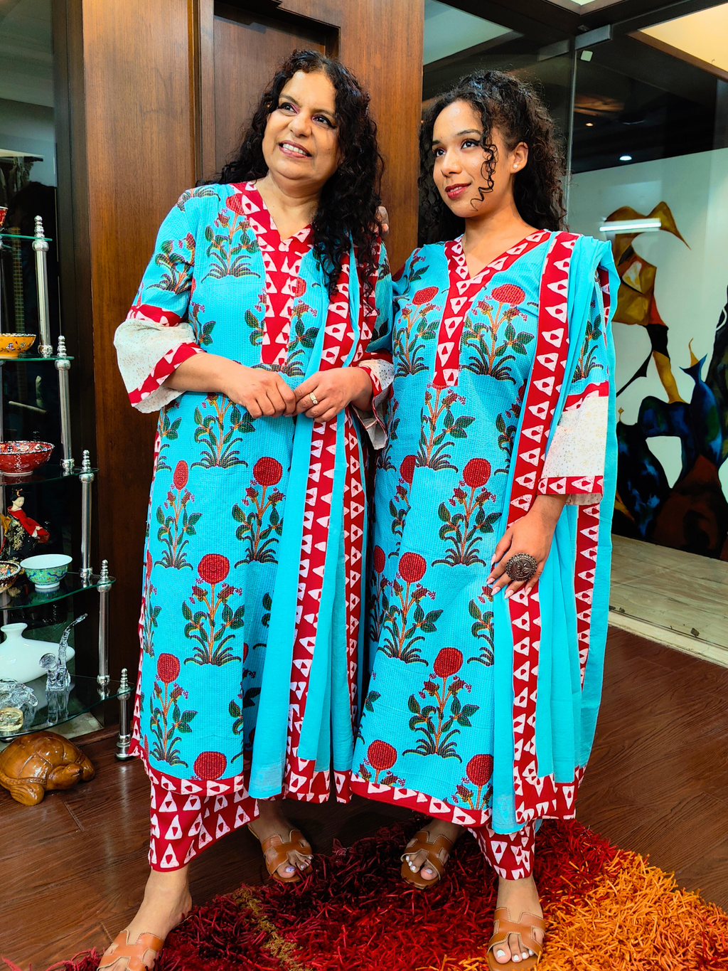 Sky Blue  Handblock Cotton Stitched Suit Set