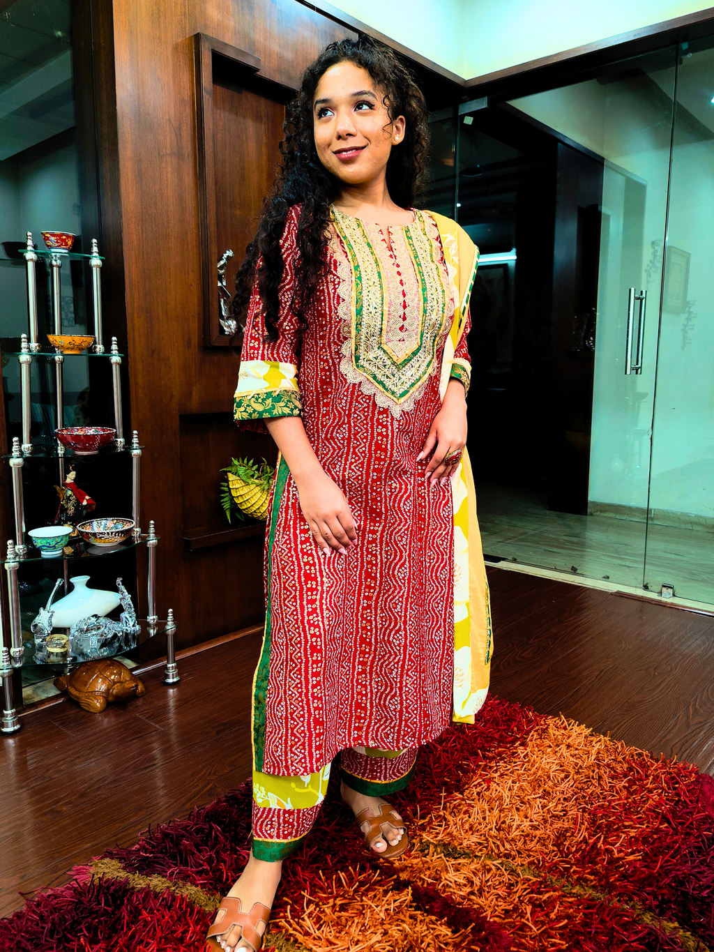 Red Bandhej Silver Gota Cotton Stitched Suit Set