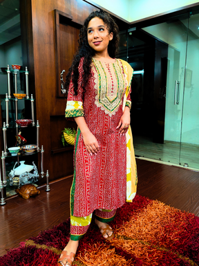 Red Bandhej Silver Gota Cotton Stitched Suit Set