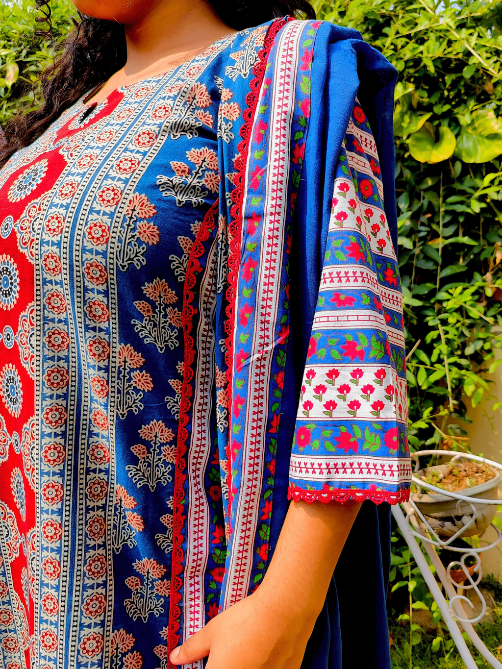 Blue Ajrakh Cotton Stitched Suit Set