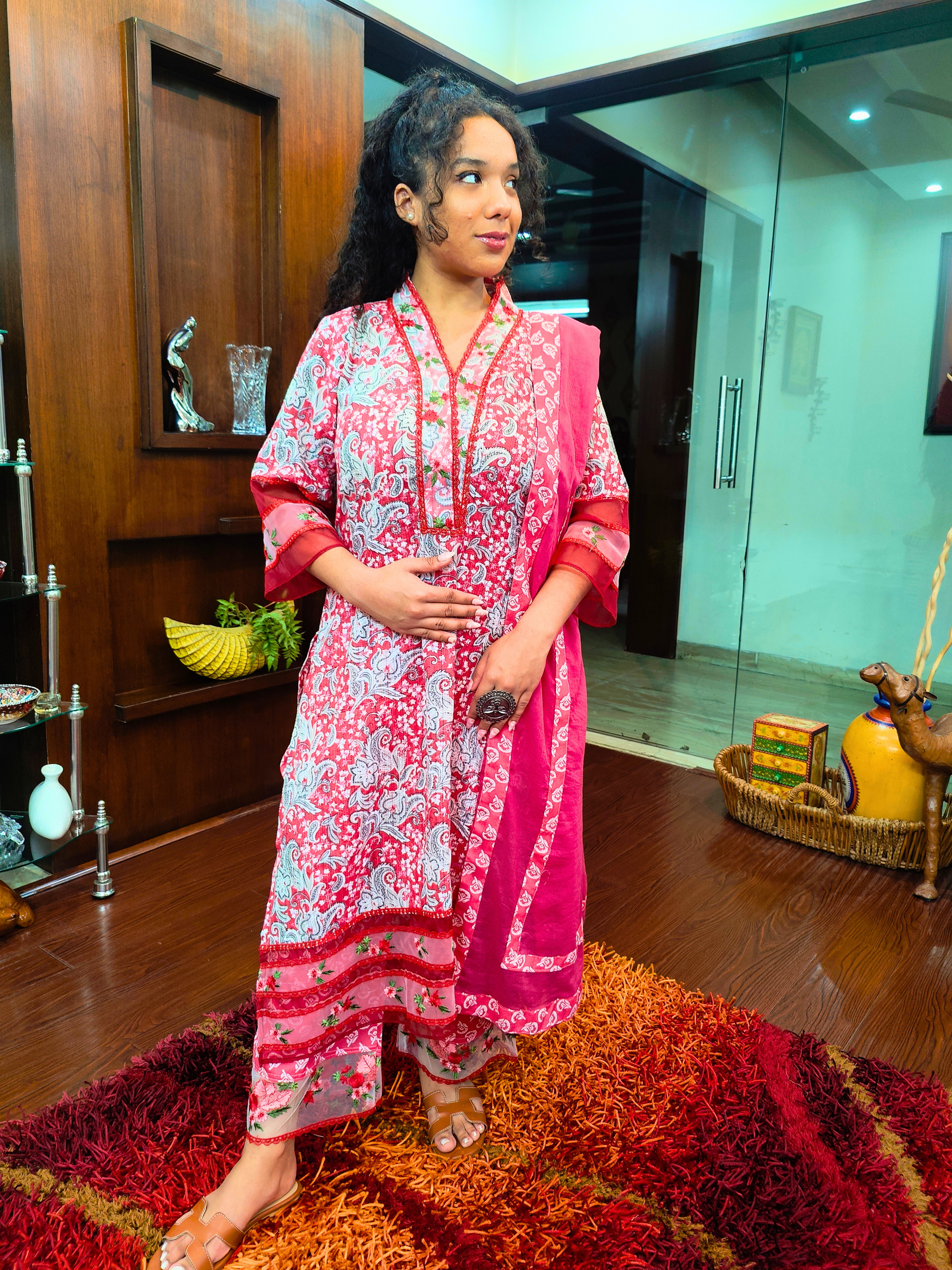Pink Digital Printed Floral Embroidered Lace Stitched Suit Set