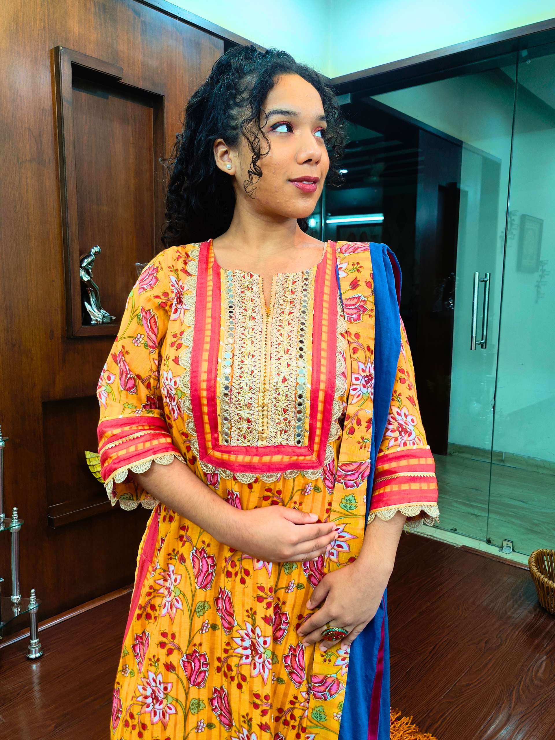 Yellow Floral Digital Printed Silver Gota Cotton Stitched Suit Set