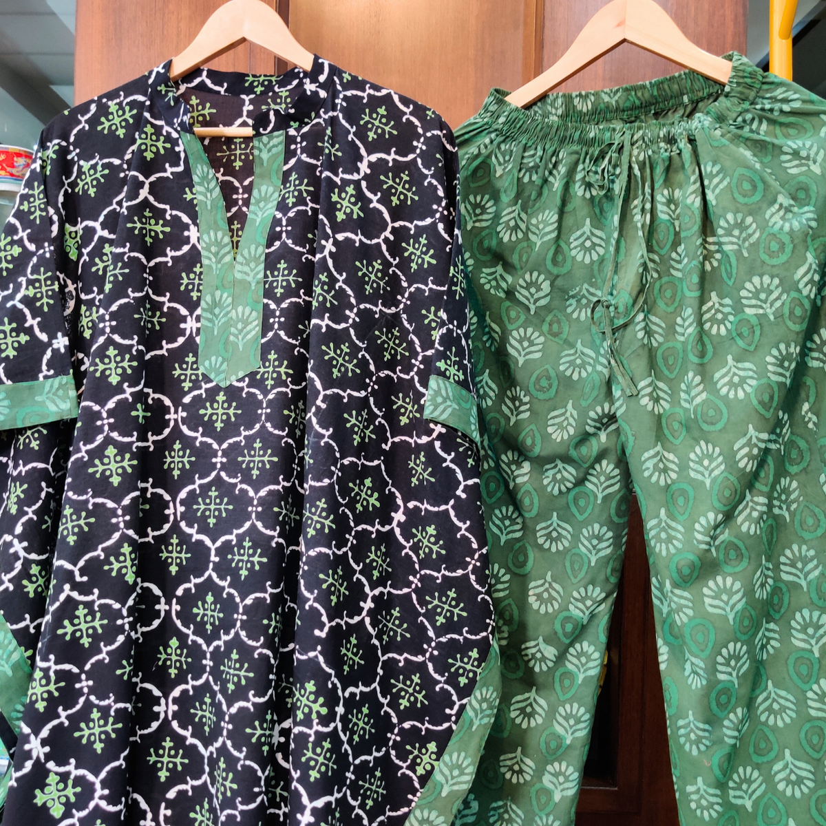 Black and Green Dabu Kurta Kaftan Cotton Stitched Co-Ord Set