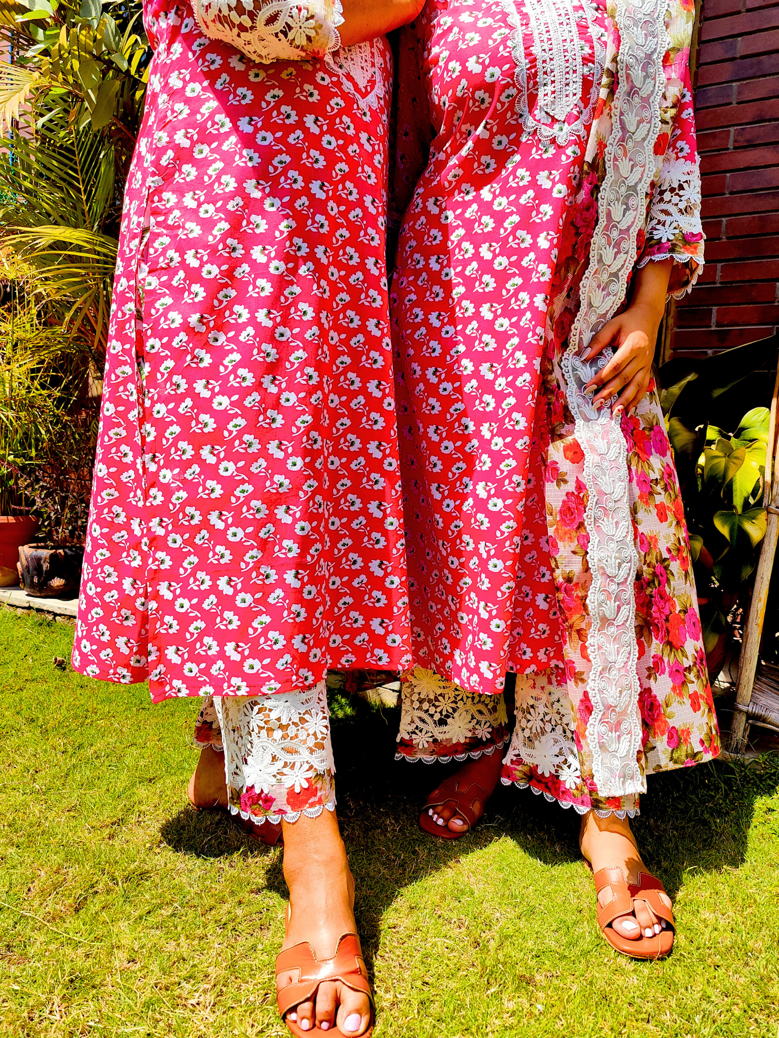 Magenta Cotton White Italian Lace Stitched Suit Set