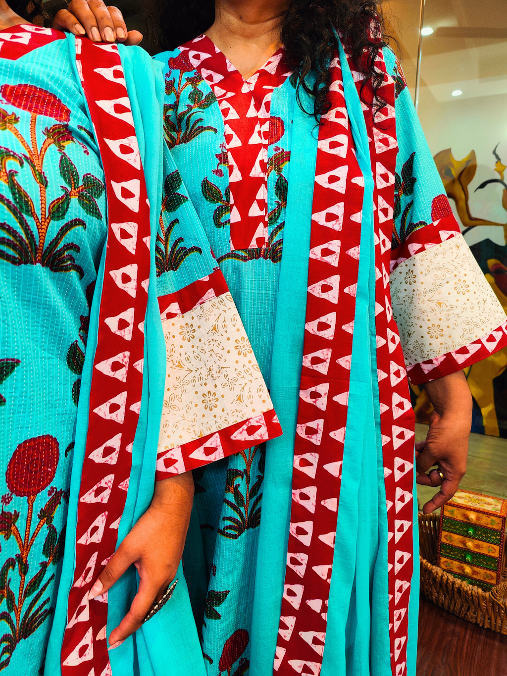 Sky Blue  Handblock Cotton Stitched Suit Set