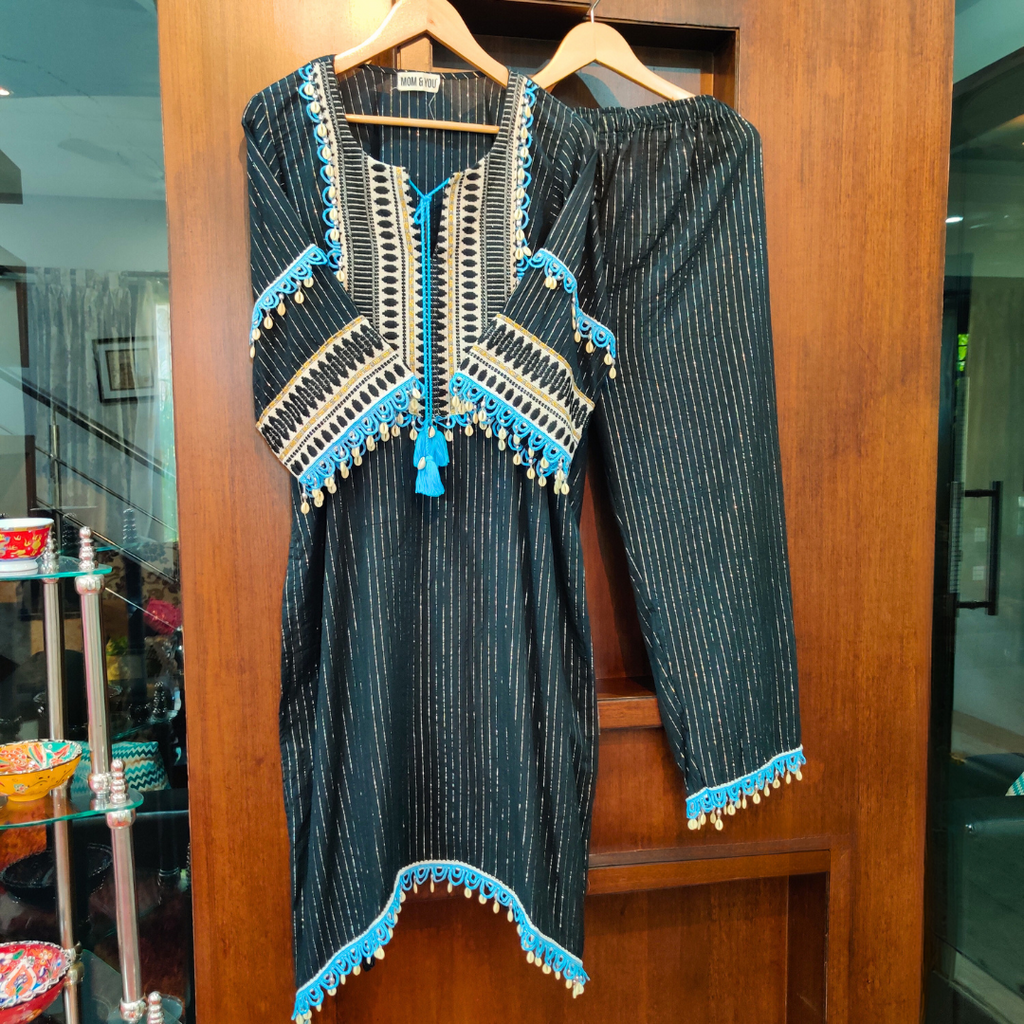 Black Sky Blue Lace Embroidered Lurex Cotton Stitched Co-Ord Set