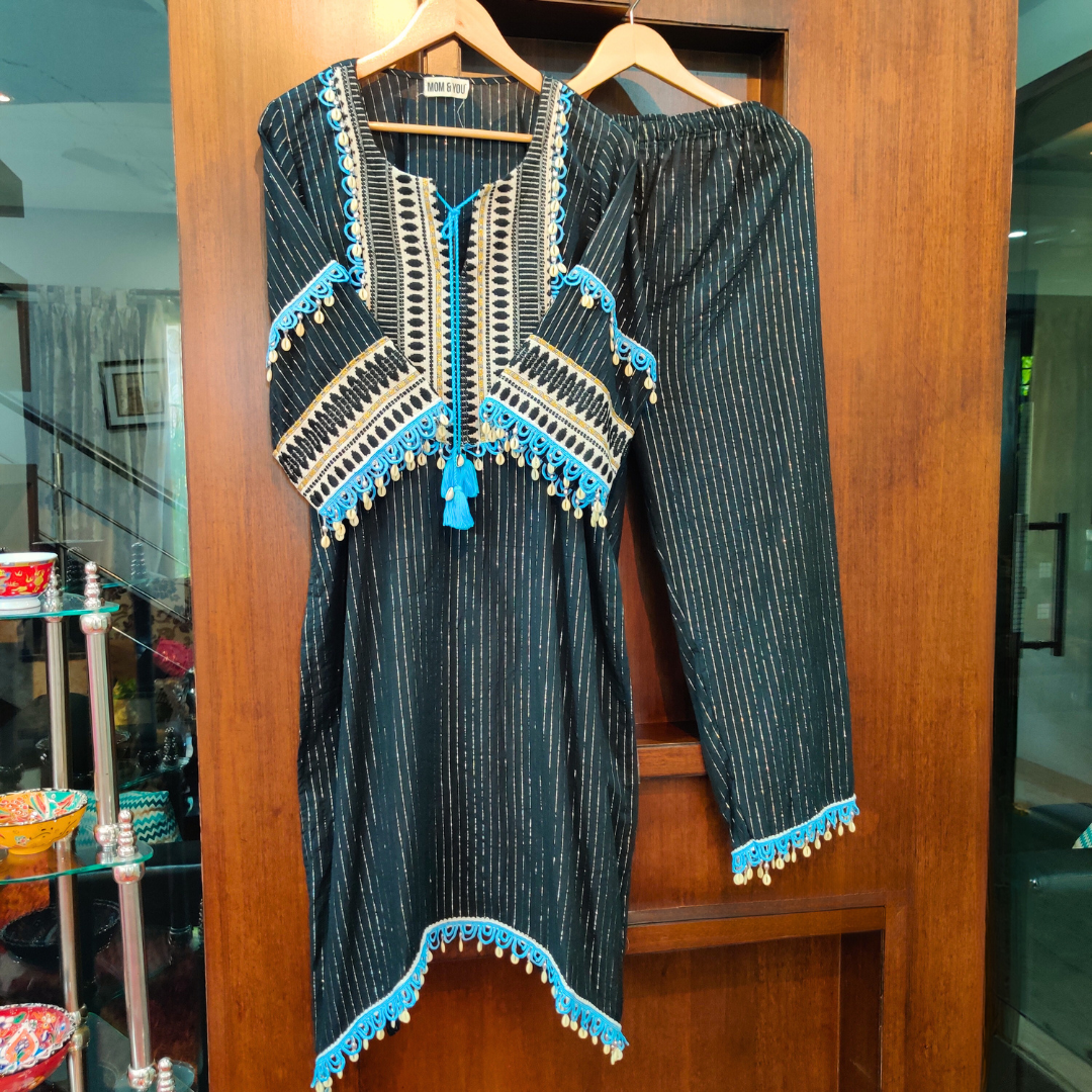 Black Sky Blue Lace Embroidered Lurex Cotton Stitched Co-Ord Set