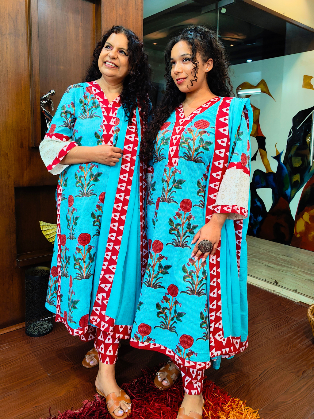 Sky Blue  Handblock Cotton Stitched Suit Set