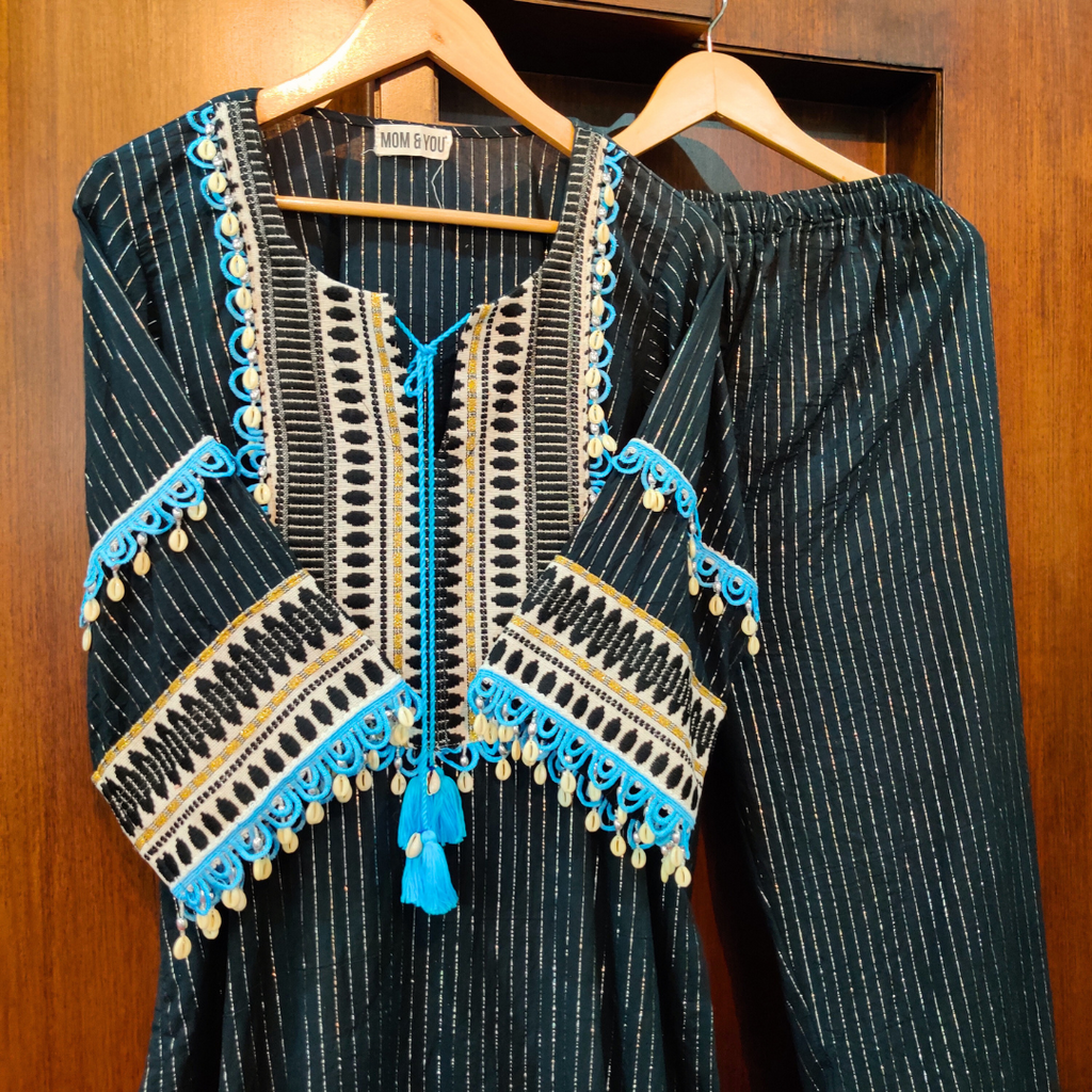 Black Sky Blue Lace Embroidered Lurex Cotton Stitched Co-Ord Set