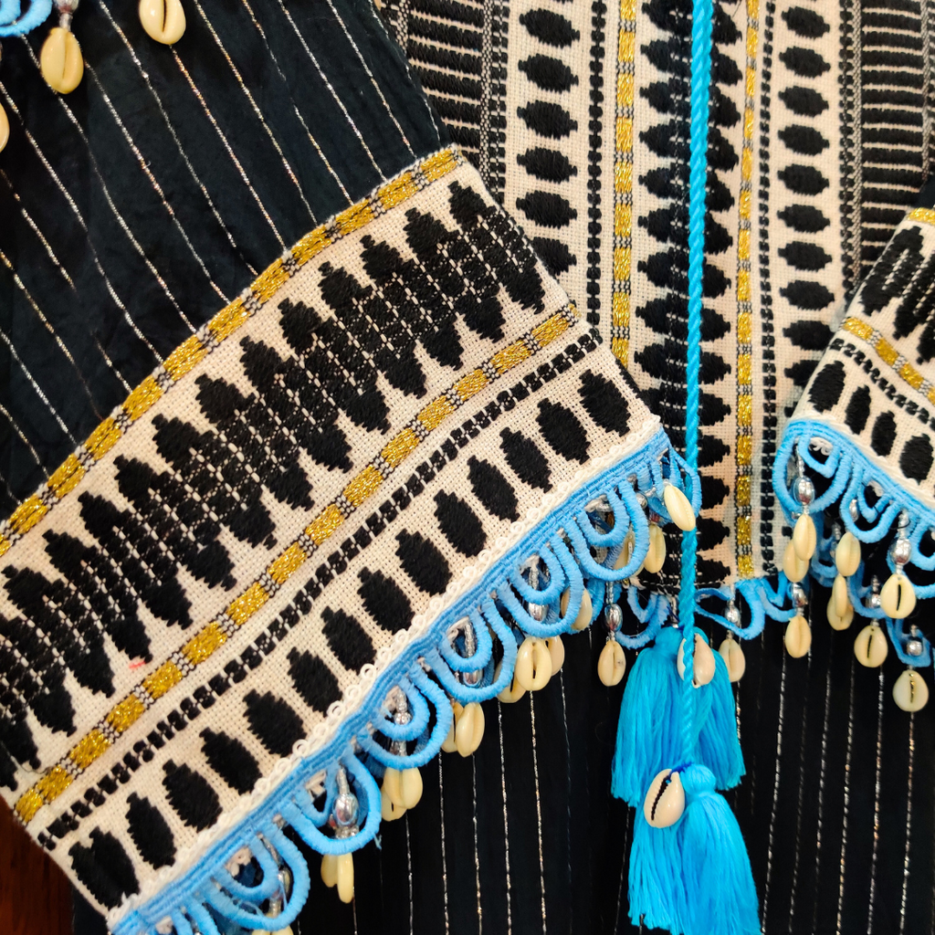 Black Sky Blue Lace Embroidered Lurex Cotton Stitched Co-Ord Set