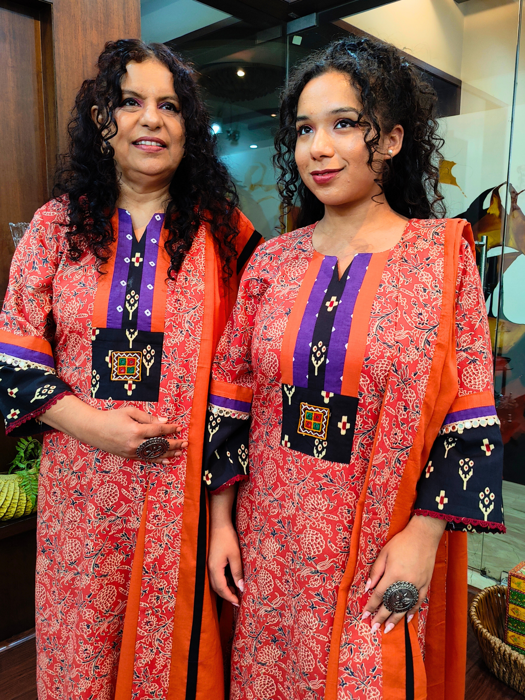 Rust Orange Handblock Purple Bandhej Cotton Stitched Suit Set