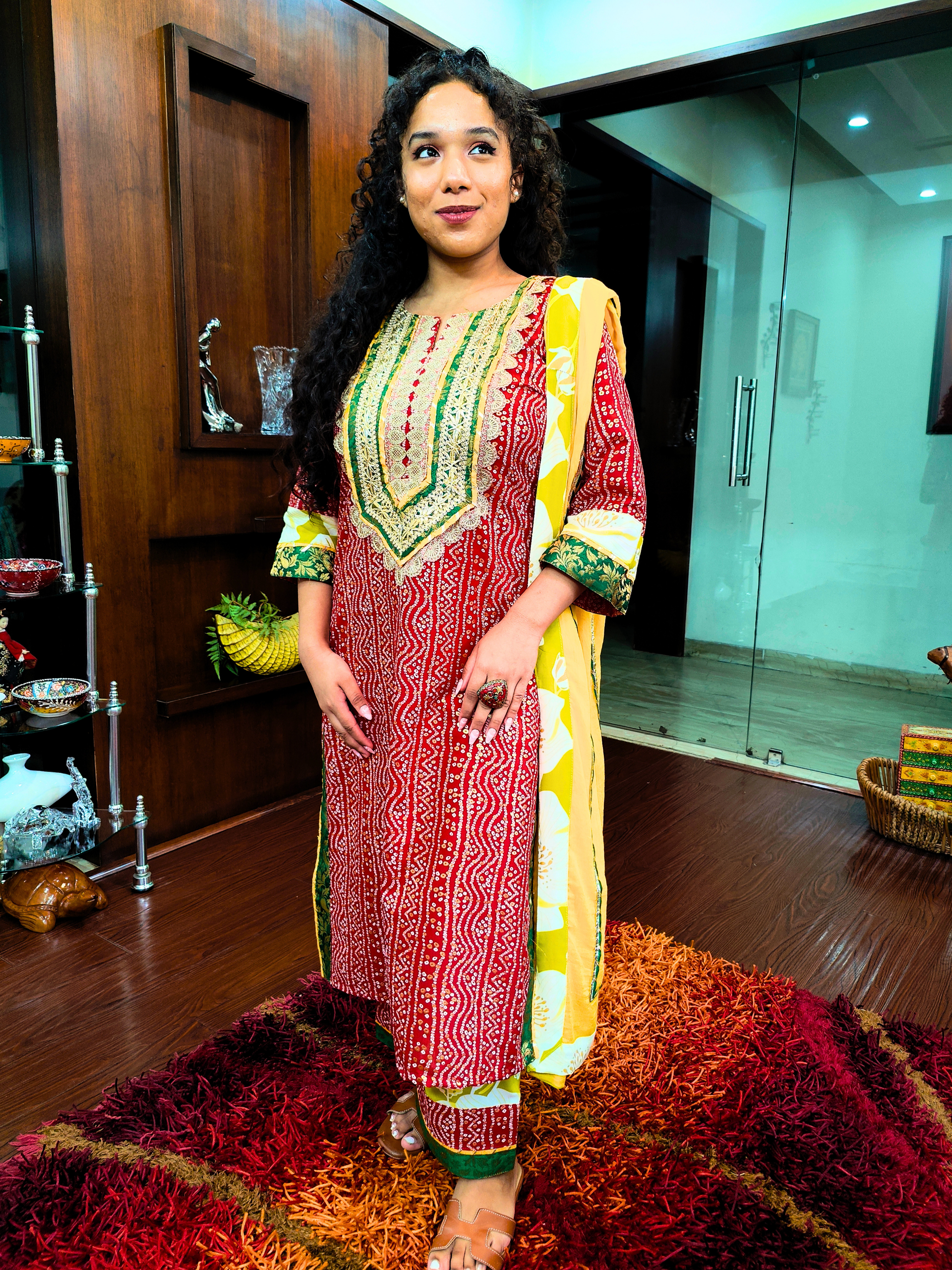 Red Bandhej Silver Gota Cotton Stitched Suit Set