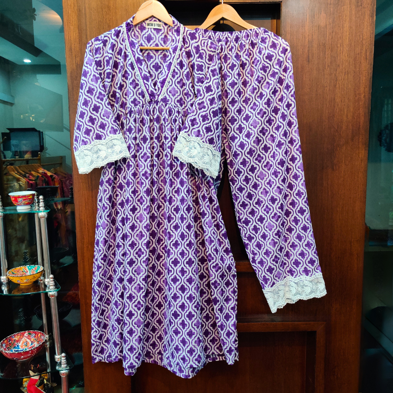 Purple and White Digital Printed Nyra Cut Anarkali Cotton Stitched Co-Ord Set