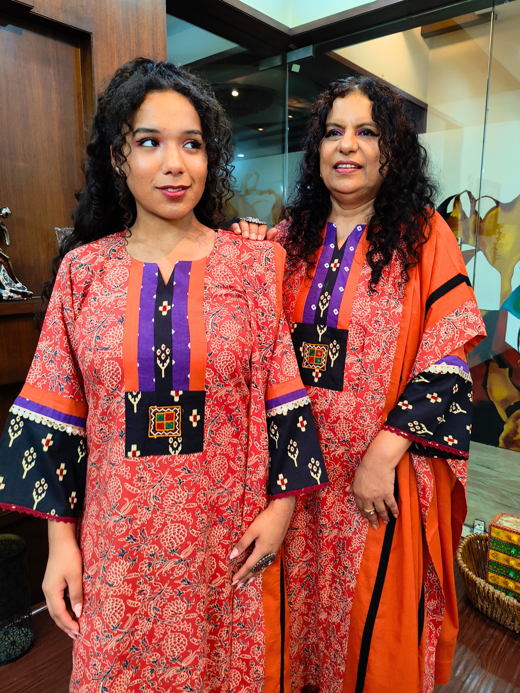 Rust Orange Handblock Purple Bandhej Cotton Stitched Suit Set