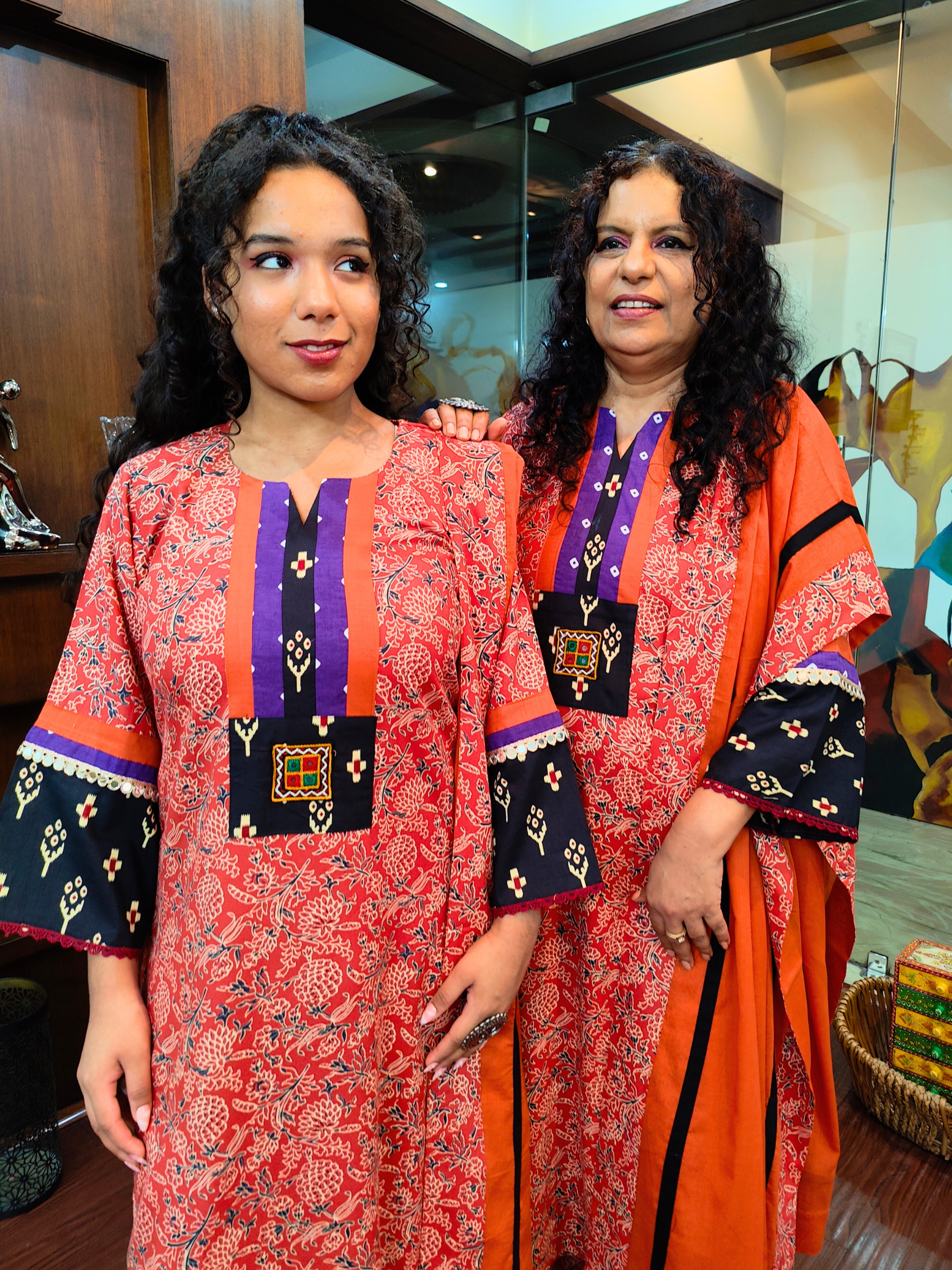 Rust Orange Handblock Purple Bandhej Cotton Stitched Suit Set