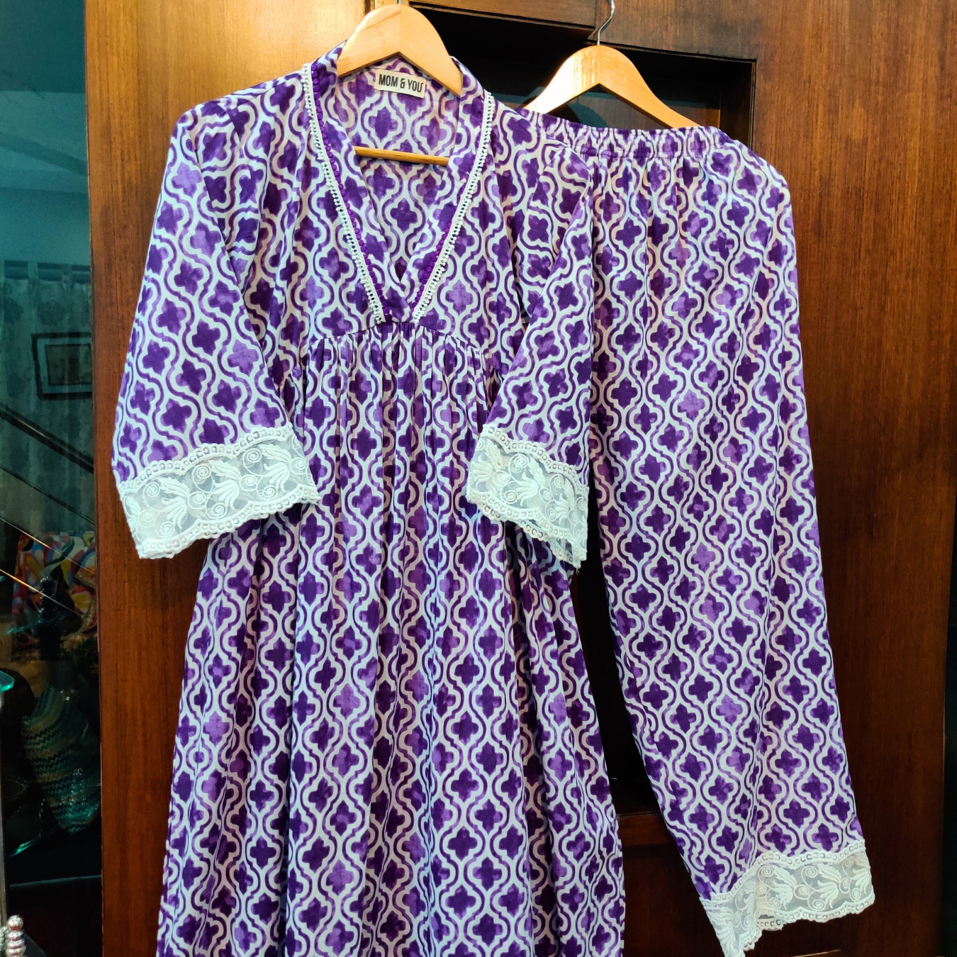 Purple and White Digital Printed Nyra Cut Anarkali Cotton Stitched Co-Ord Set