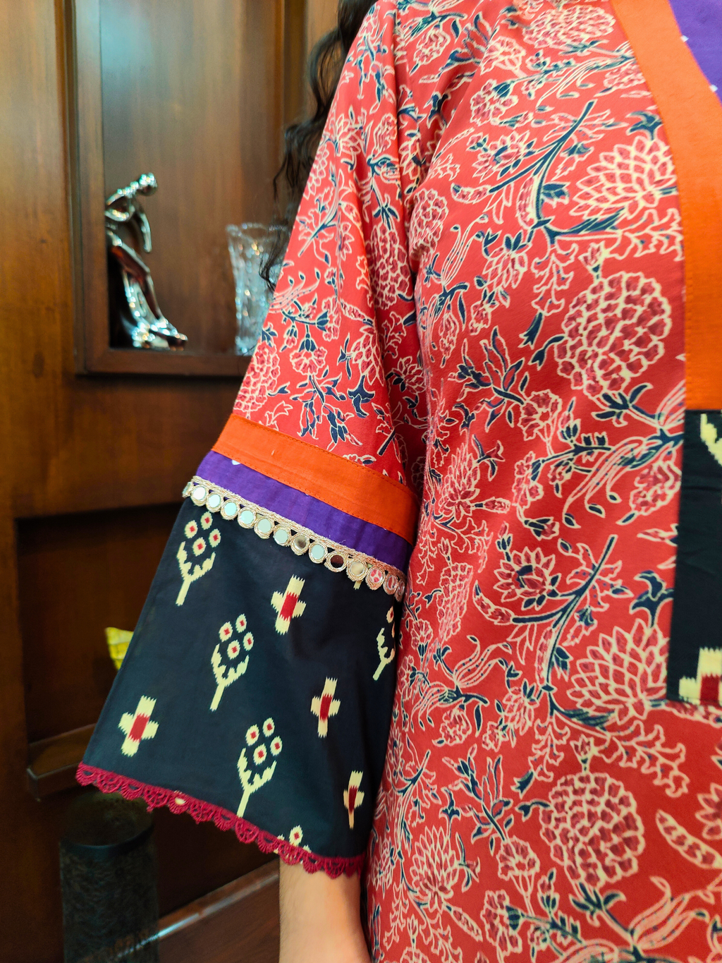 Rust Orange Handblock Purple Bandhej Cotton Stitched Suit Set