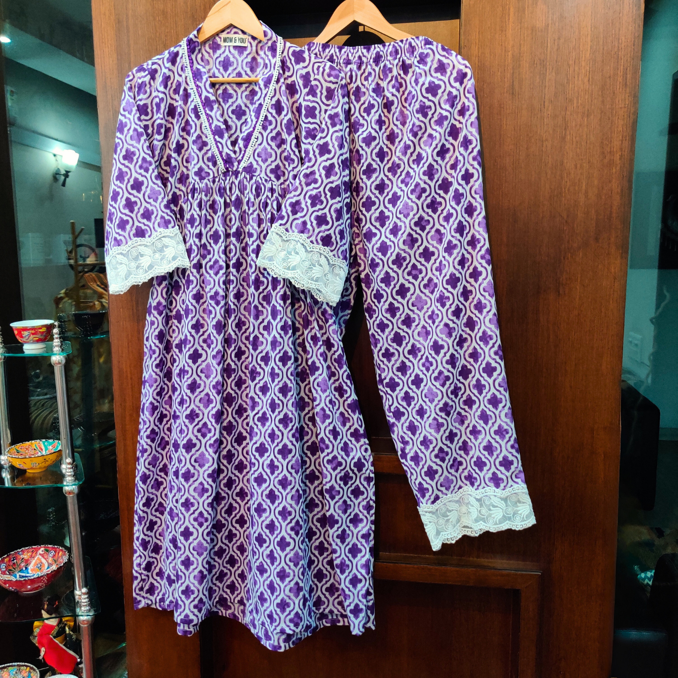 Purple and White Digital Printed Nyra Cut Anarkali Cotton Stitched Co-Ord Set