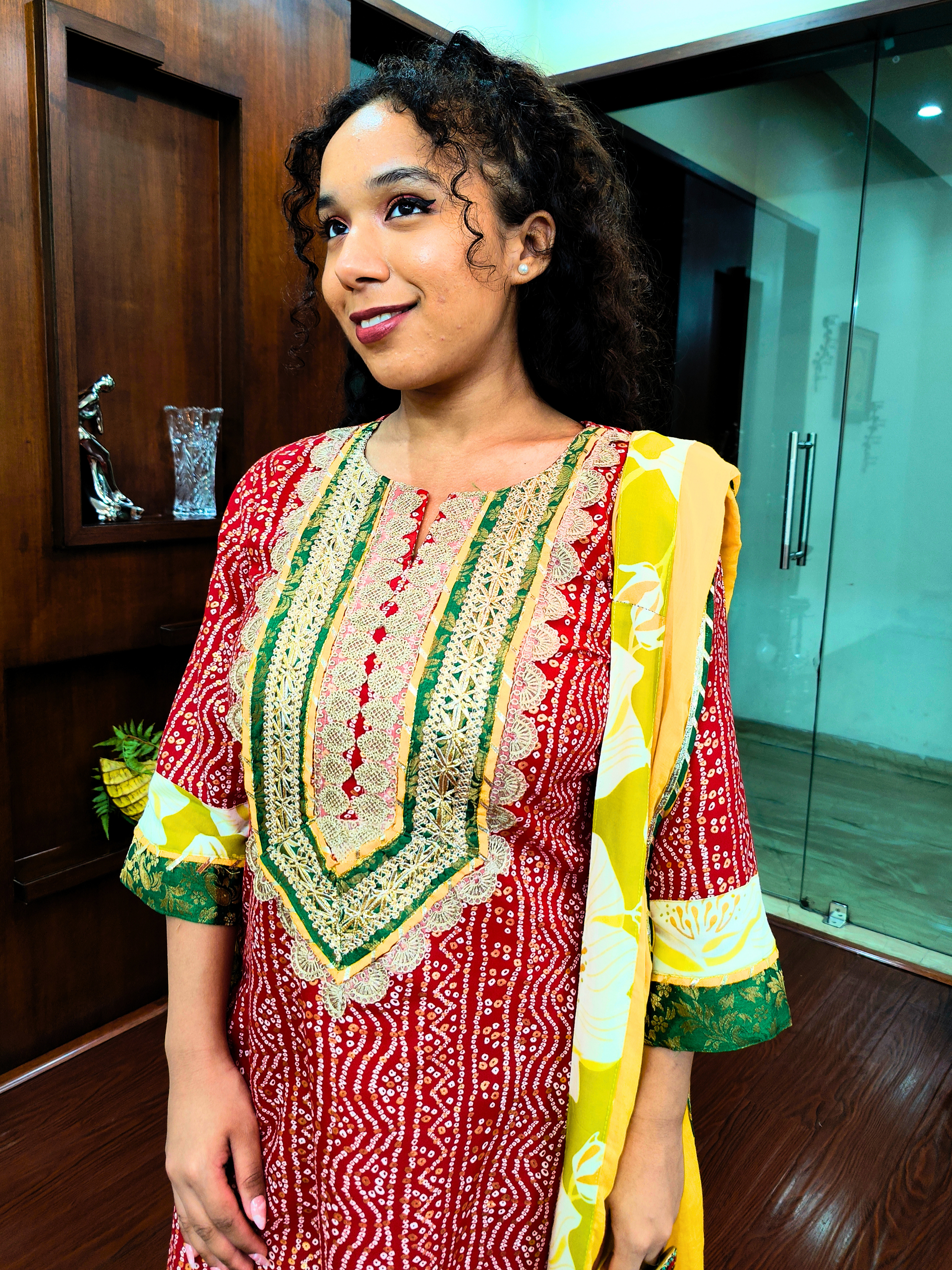 Red Bandhej Silver Gota Cotton Stitched Suit Set