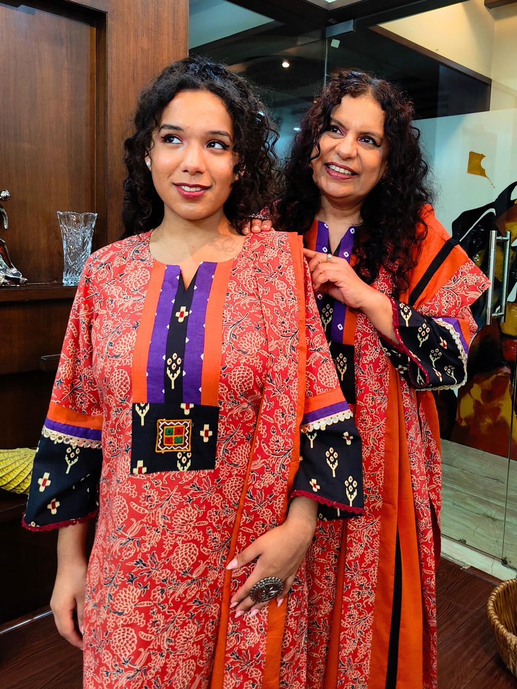 Rust Orange Handblock Purple Bandhej Cotton Stitched Suit Set