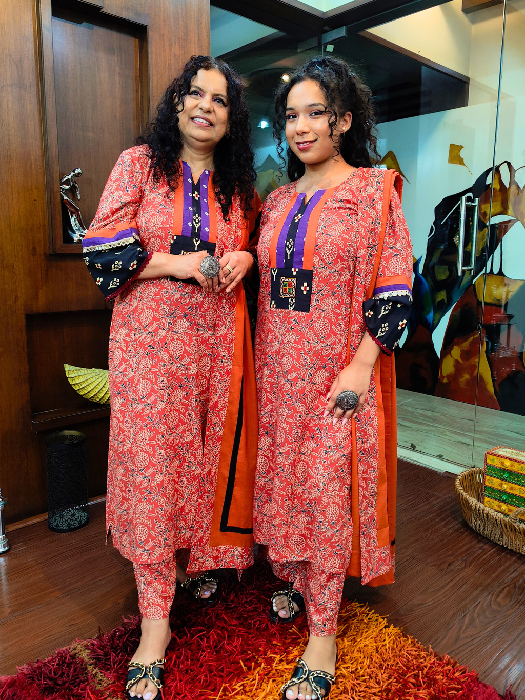 Rust Orange Handblock Purple Bandhej Cotton Stitched Suit Set