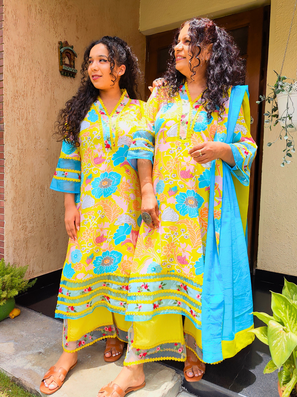 Yellow Multi Coloured Floral Embroidered Lace Cotton Stitched Suit Set