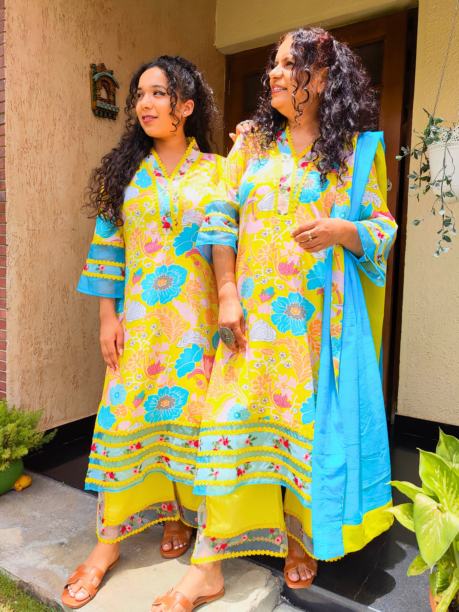 Yellow Multi Coloured Floral Embroidered Lace Cotton Stitched Suit Set