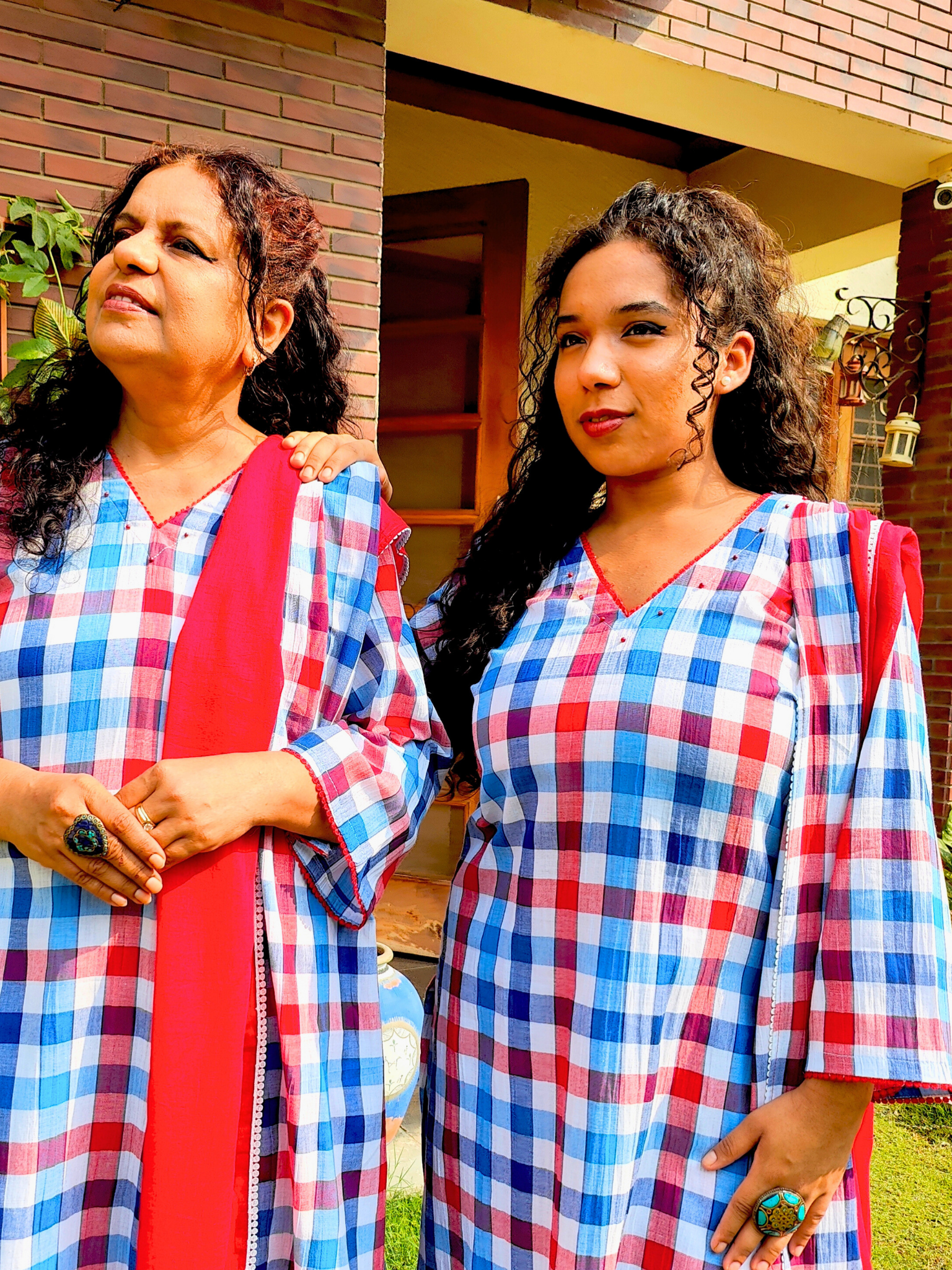 Blue and Red Checkred Cotton Lace Stitched Suit Set